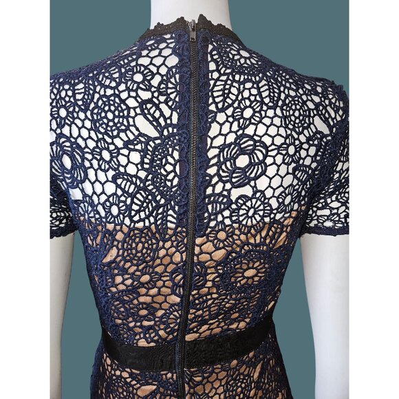 Aqua Floral Crochet Lace Feminine Chic Boho Navy/Black Lined Dress Women XS - Picture 6 of 14